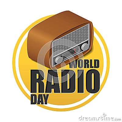 World radio day lettering with isometric realistic old retro radio isolated Stock Photo